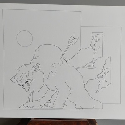 Original Stift Portrait Bestie Shot mit Pfeilen FK Owen Minimal Tusche Strichzeichnung 