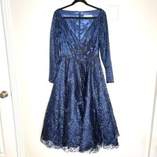 Mac Duggal Long Sleeve Tea Dress Embellished Lace Beaded A-Line Navy Blue Size 8