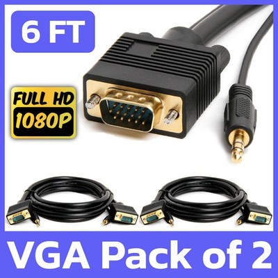 2 Pack 6FT VGA Cable + AUX SVGA 15Pin Video with 3.5mm Stereo Audio Monitor Cord