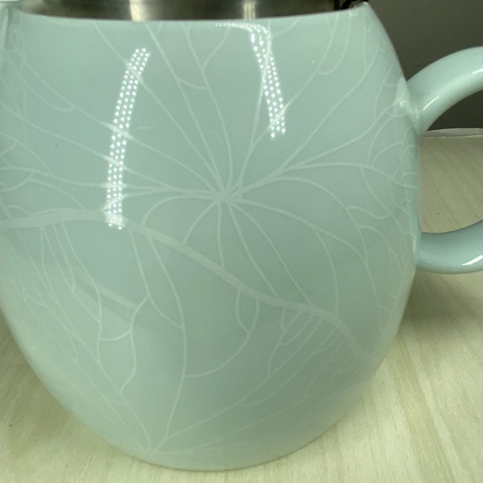 Tea Forte Pugg Ceramic 24 oz. Teapot Lotus Floral Pattern Water Lily Blue Green - Image 4 of 4