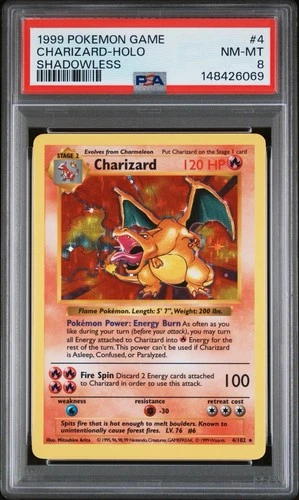 1999 Pokemon Base Set Shadowless CHARIZARD Holo #4/102 PSA 8 *NEW CERT*