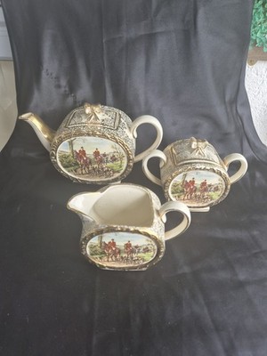 Vintage 40er Jahre, Sadler Huntsman Fass Teekanne Set. Teekanne, Zuckerkanne, Milchkännchen. GC