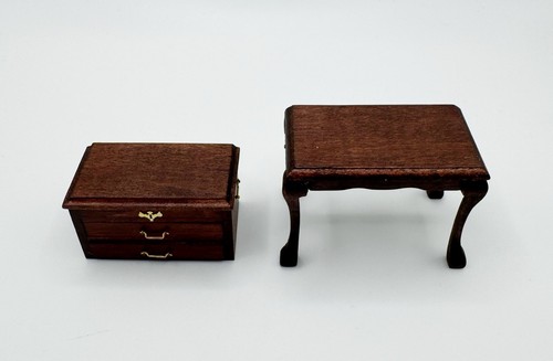 Vintage Signed Dollhouse Miniature 1:12 Side Table and Box with Lined Drawers