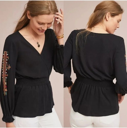 Anthropologie Ranna Gill Deidra bestickt Strick Schößchen Top Boho Gr. XL Damen