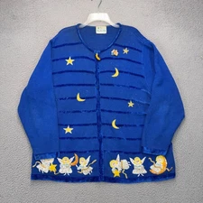 Quacker Factory Cardigan Womens 2X Blue Moon Stars Angels Beads Knit Holiday