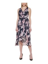TOMMY HILFIGER Womens Navy Lined Tie Belt Hi Lo Hem Sleeveless Midi Dress 2