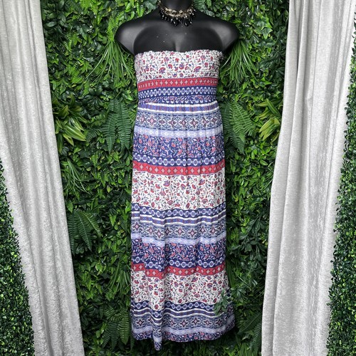 MOTHERHOOD Dress Women XL Red Blue Smocked Maxi Maternity Strapless Boho 2191 - Picture 2 of 7