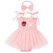Baby 1st Birthday Outfit ONE Printed Tutu Romper Dress and Headband Set