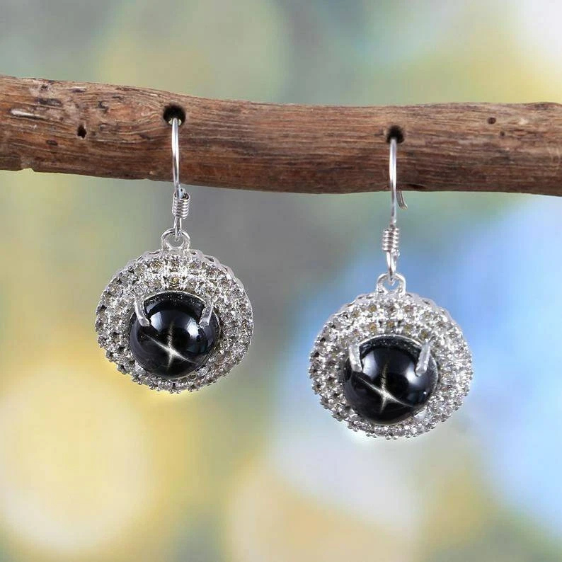 Pendientes de zafiro estrella negra, pendientes colgantes, plata de ley 925 Foto 2 de 3