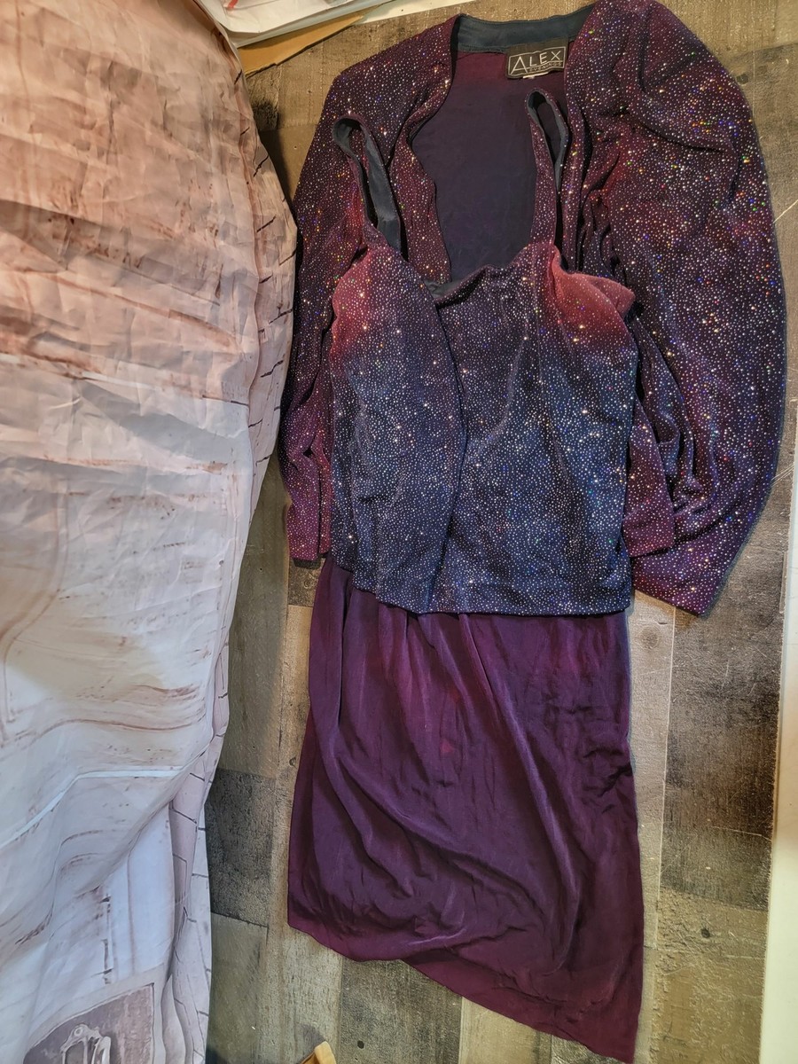 Alex Evenings shimmer glitter dress purple blue set jacket womens