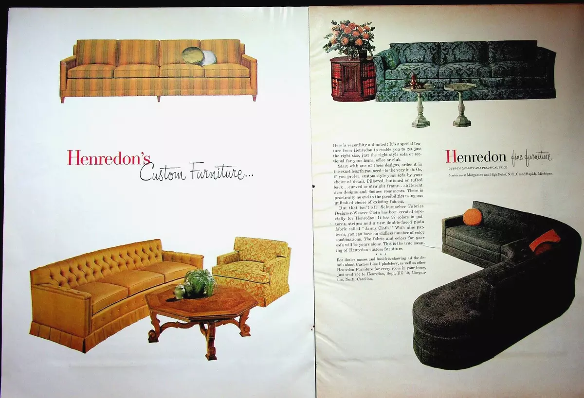 Henredon Custom Furniture MCM Gold Sofa Oct 1962 H G VTG Print Ads