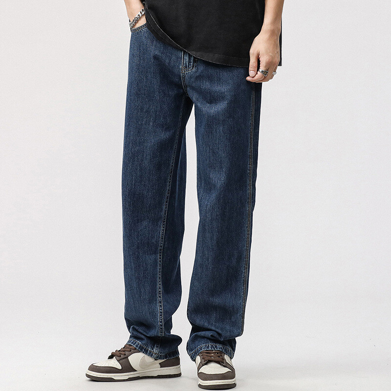 Trendy dark blue retro washed straight loose men’s street fashion jeans-image