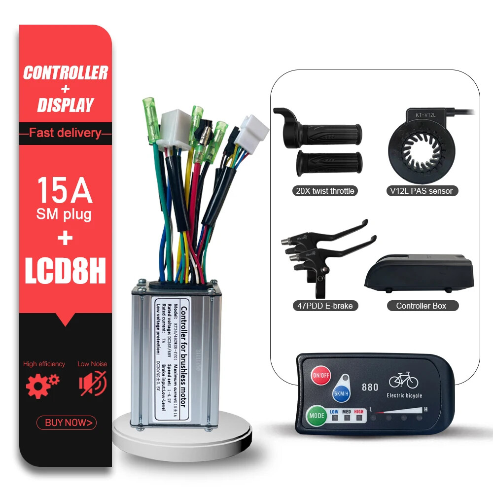 Fyearfly Borstelloze motorcontrollerset, 36 V/48 V, 250 W/350 W, 15 A, borstelloze motorcontrollerset met LCD866 displaypaneel voor elektrische fiets, elektrische scooter