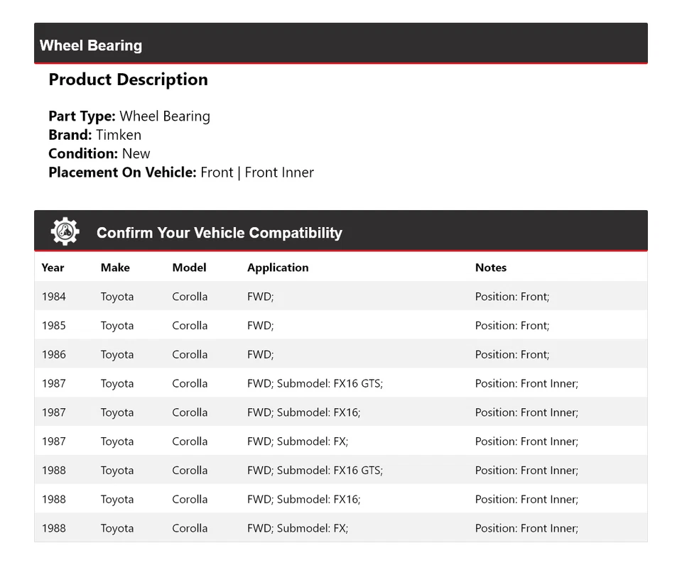 Подшипник колеса полного привода для 1984-1988 Toyota Corolla Timken 1985 1986 1987 - Изображение 2 из 4