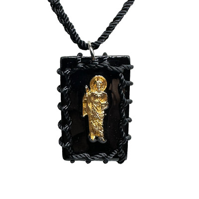 St Jude Reversible Scapular Necklace Black Knotted Rope Wood Charm Gold Plated 