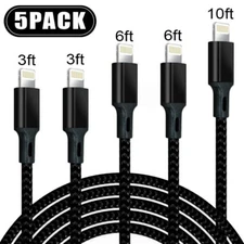 5 PACK 3-10FT Heavy Duty Braided USB Charger Cable Cord For iPhone 13 12 11 XS X
