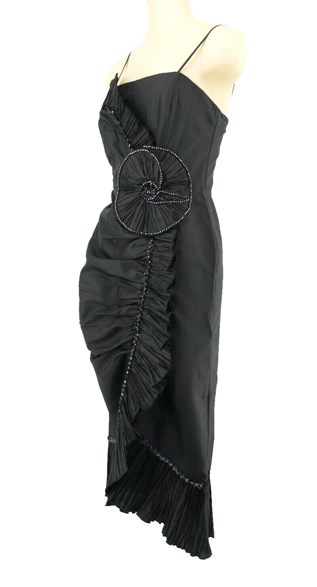 ViNTAGE 80s Le KRESS BLACK TAFFETA JEWELED SEQUiN DRESS FiSHTAiL