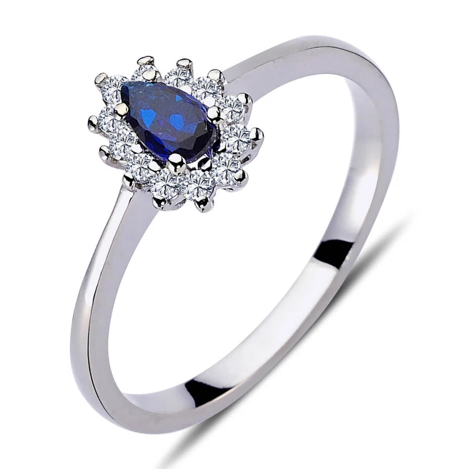 Diamant Drop Saphir Entourage Halo Ring 14 Karat Weißgold - Bild 1 von 1
