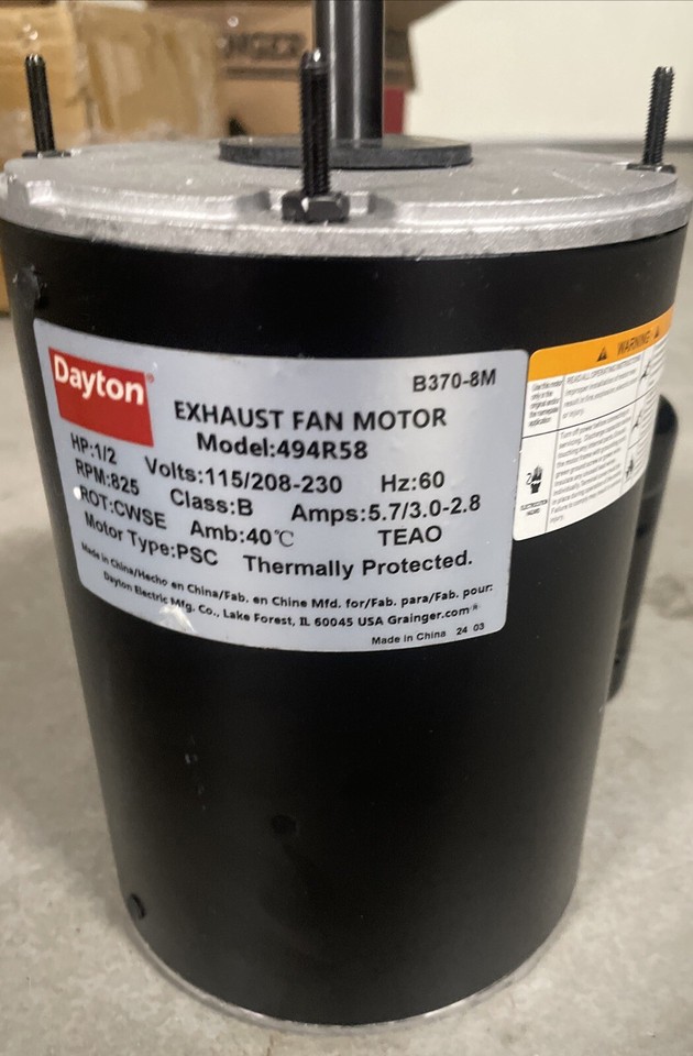 Dayton 494R58 Replacement Exhaust Fan Motor, 1/2 HP, 825 RPM, 115V 60Hz