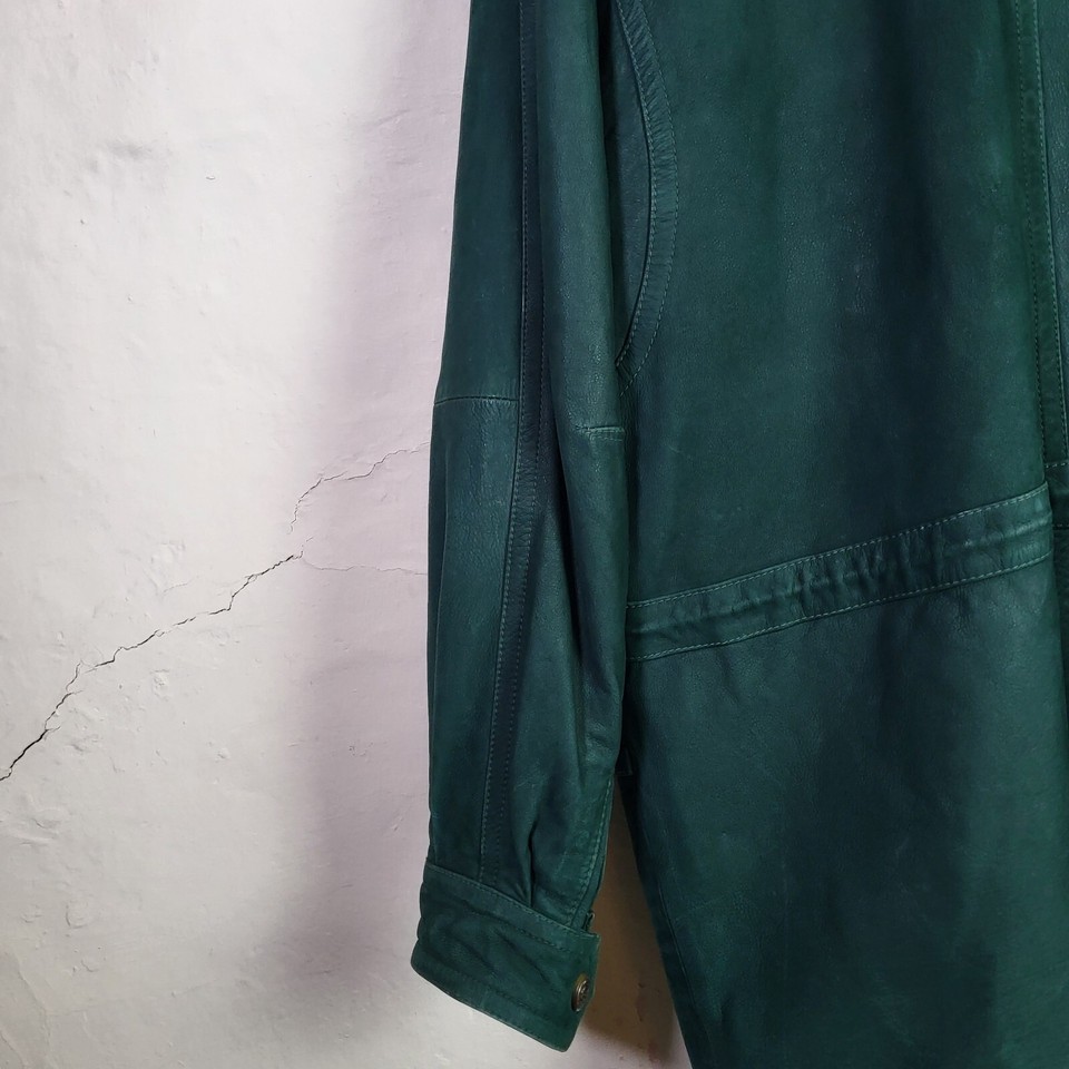 Vincente Mens Size 52 Vintage Leather Jacket Green Quilted Overcoat