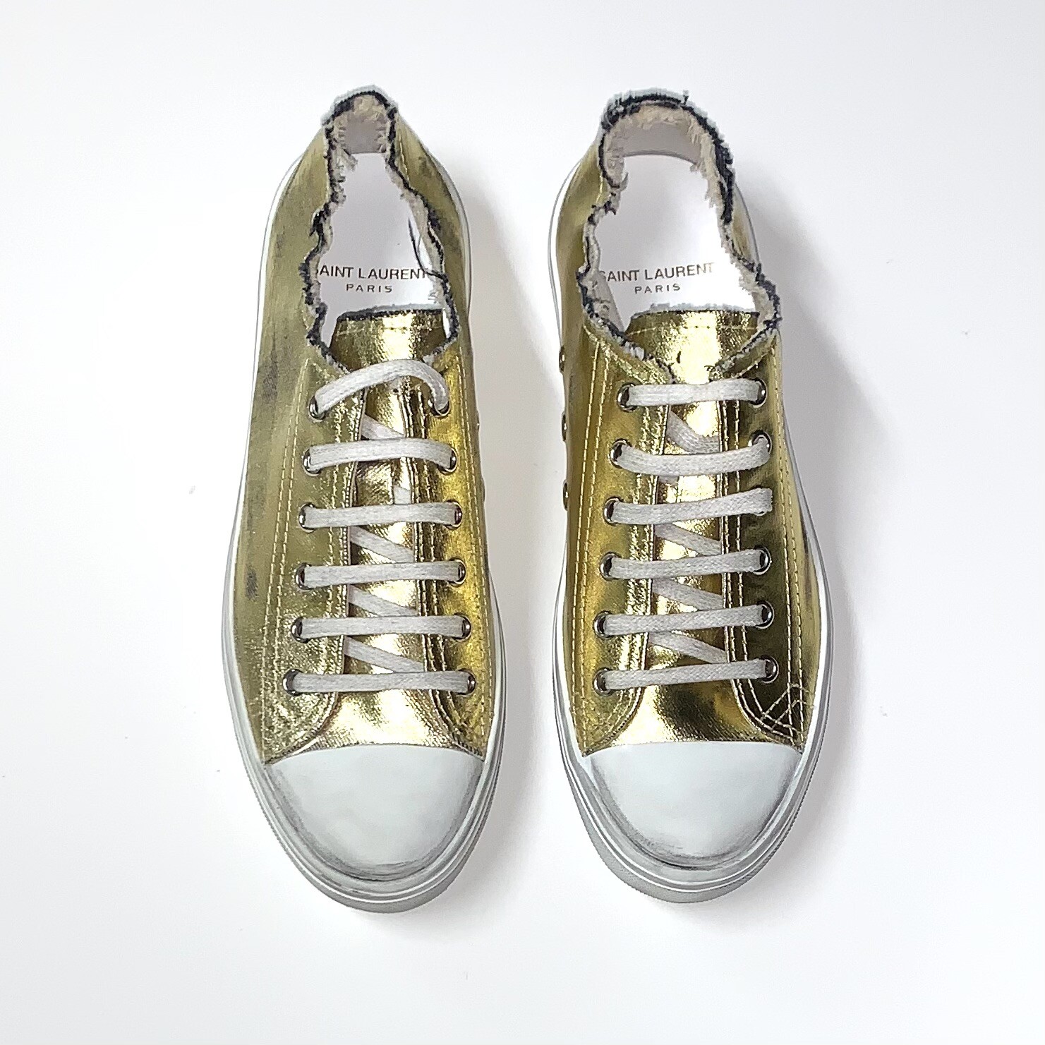 NUOVE sneakers metalliche basse Saint Laurent Bedford effetto invecchiato taglia 8 oro RARE