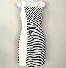 Guess Size 4 Dress Sheath White Black Stripes Ruched Side Sleeveless Lined