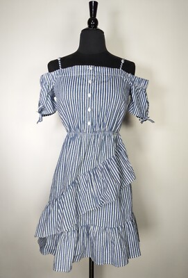 ASOS Size 2 Blue Striped Off Shoulder Fit Flare Ruffle Dress
