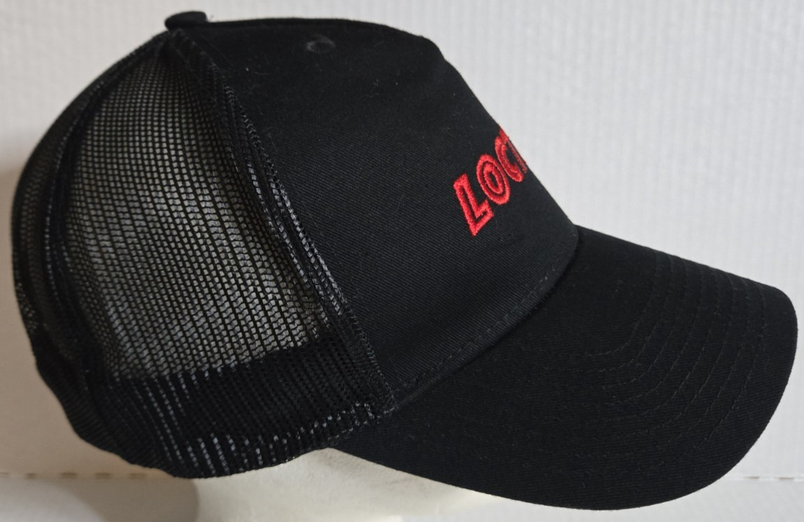 Black LOCTITE Mesh Snapback Trucker Hat by Port Authority, Red Logo, Adult View 4