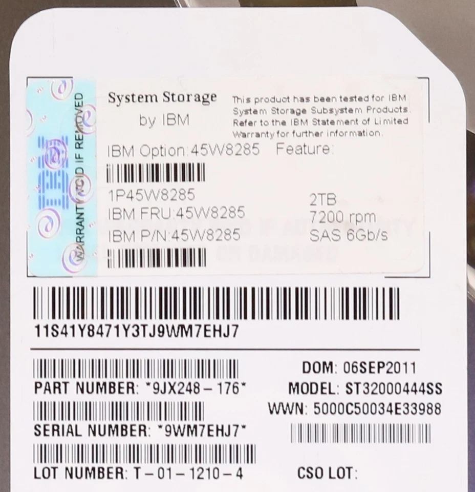 IBM ST32000444SS 2TB 3.5" 6Gb/s 7.2K RPM SAS Drive FRU P/N: 45W8285 Tested - Image 2 of 2
