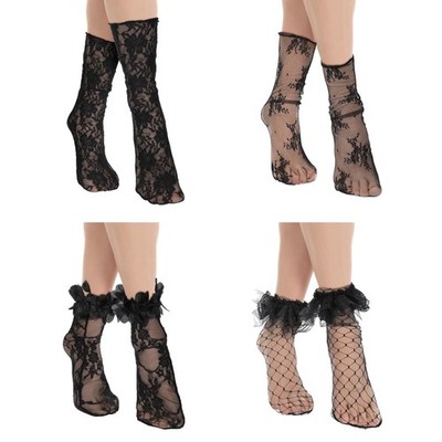 FdcZeyxior 4 Pairs Lace Socks, Fishnet Socks Ankle Sock 6-11, Black 
