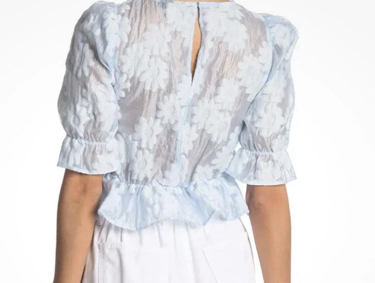 Camisa TOPSHOP Mujer 8 Texturizada Bebé Azul Floral Manga Abullonada Blusa Semi Transparente Foto 2 de 4