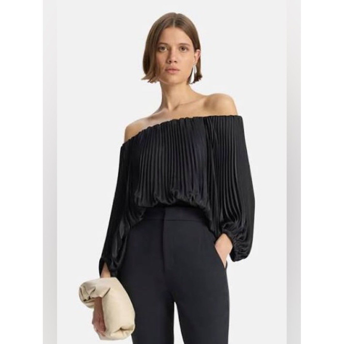 A.L.C. Sienna Black Satin Pleated Off-Shoulder Blouse Top romantic elegant