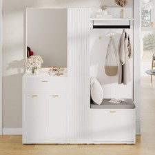 Garderoben-Set Flurschrank mit Spiegel Sitzbank Kleiderstange Schuhregal 3 Türen