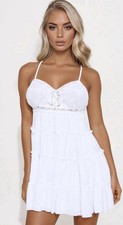 NWT Fashion Nova Sexy Lacey Tiered Mini Dress Cotton Lace Babydoll White Large