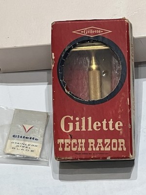 Vintage Gillette TECH RAZOR in Original Box Gold In Color with 6 razor blades