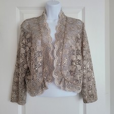 R M Richards Beige Gold Sequin Lace Bolero Shrug Short Jacket Long Sleeve L