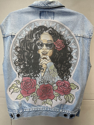 Upcycled h.e.r. Graphic One-of-a-Kind American Eagle Denim Vest XS Men s 