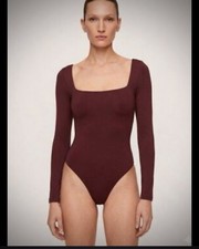 Babaton Brown Long Sleeve Square Neck Stretch Bodysuit Women s Size M