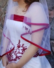 White and Burgundy Bridal Dress with Veil