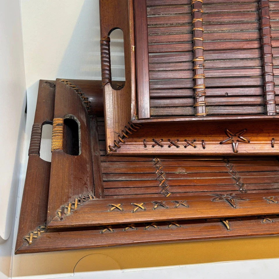 Set of Three Vintage Handmade Nested Bamboo Trays - Image 2 of 4