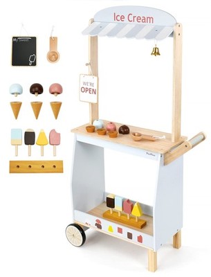 PairPear Wooden Ice Cream Cart for Kids   Toddler Pretend Play Grocery Sto