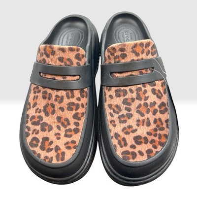 Crocs Stomp Leopard Loafer M6 W8 Black Animal Print Platform Clog 210366-0ZR NWT
