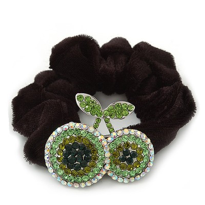 Rhodinierter Diamant ''Double Cherry'' Pferdeschwanz schwarzes Haar Scrunchie - AB/