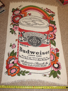 VTG 1970s Groovy Pop Art Budweiser Beer Beach Towel RARE Made USA 53x31" flowers