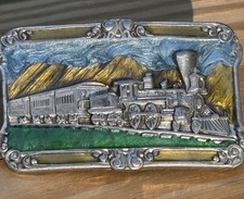 Vintage SISKIYOU Steam Train 1984 Pewter Enamel Belt Buckle Railroad Mountain