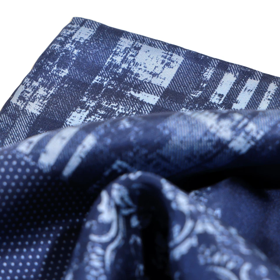 Men's 100% Silk Blue Multi-Pattern Plaid Dot Geometric Pocket Square Scarf 11.8" - Image 3 of 4