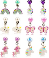 6 Pairs Colorful Clip on Drop Earrings Set, Resin No Pierced Design Kids...