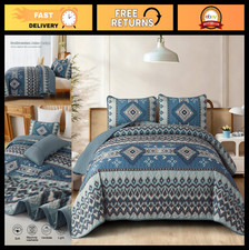 Boho King Size Quilt Set - Aztec Blue Bedspread, 3-Piece Lightweight Coverlet fo