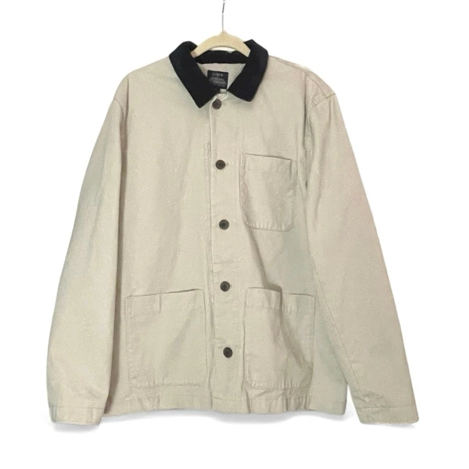 J.Crew Men’s Cotton Work Jacket  Size Large Washed Stone Navy Collar - Image 3 of 4