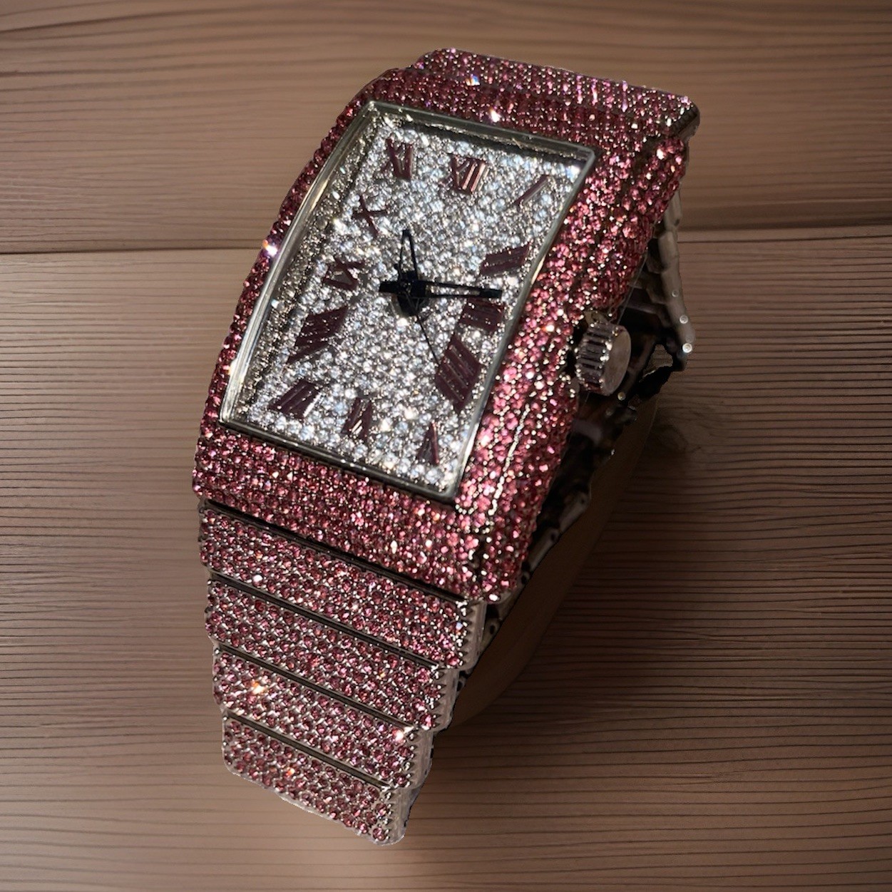 Rectangular Face Male Iced Out Men’s Watch, Stainless Steel, Red & Silver Crystals, Rectangle ...